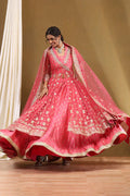 Coral-Pink Polyester Blend Anarkali Lehenga Set Online
